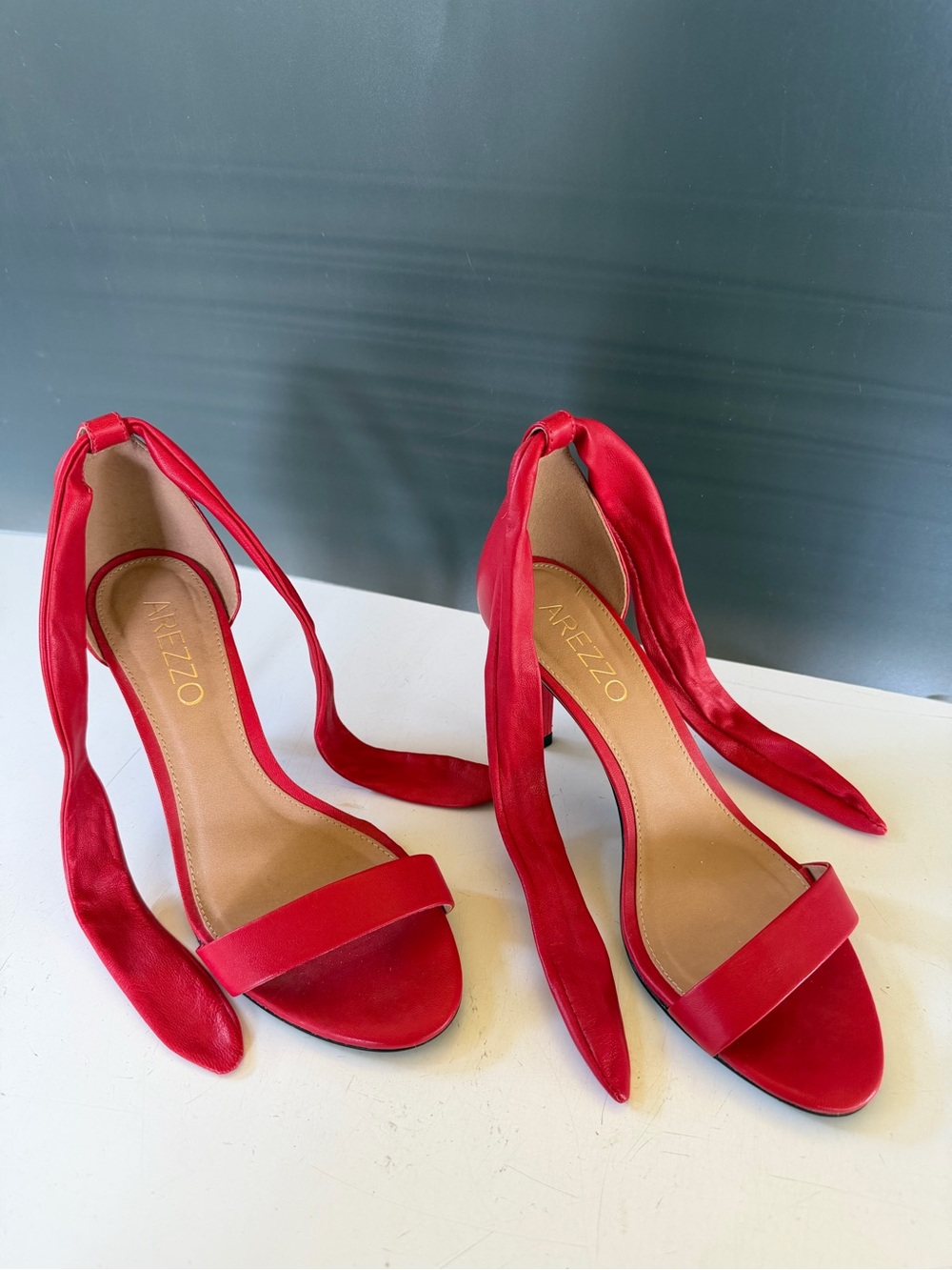 Arezzo Red Satin Ankle-Tie Heels